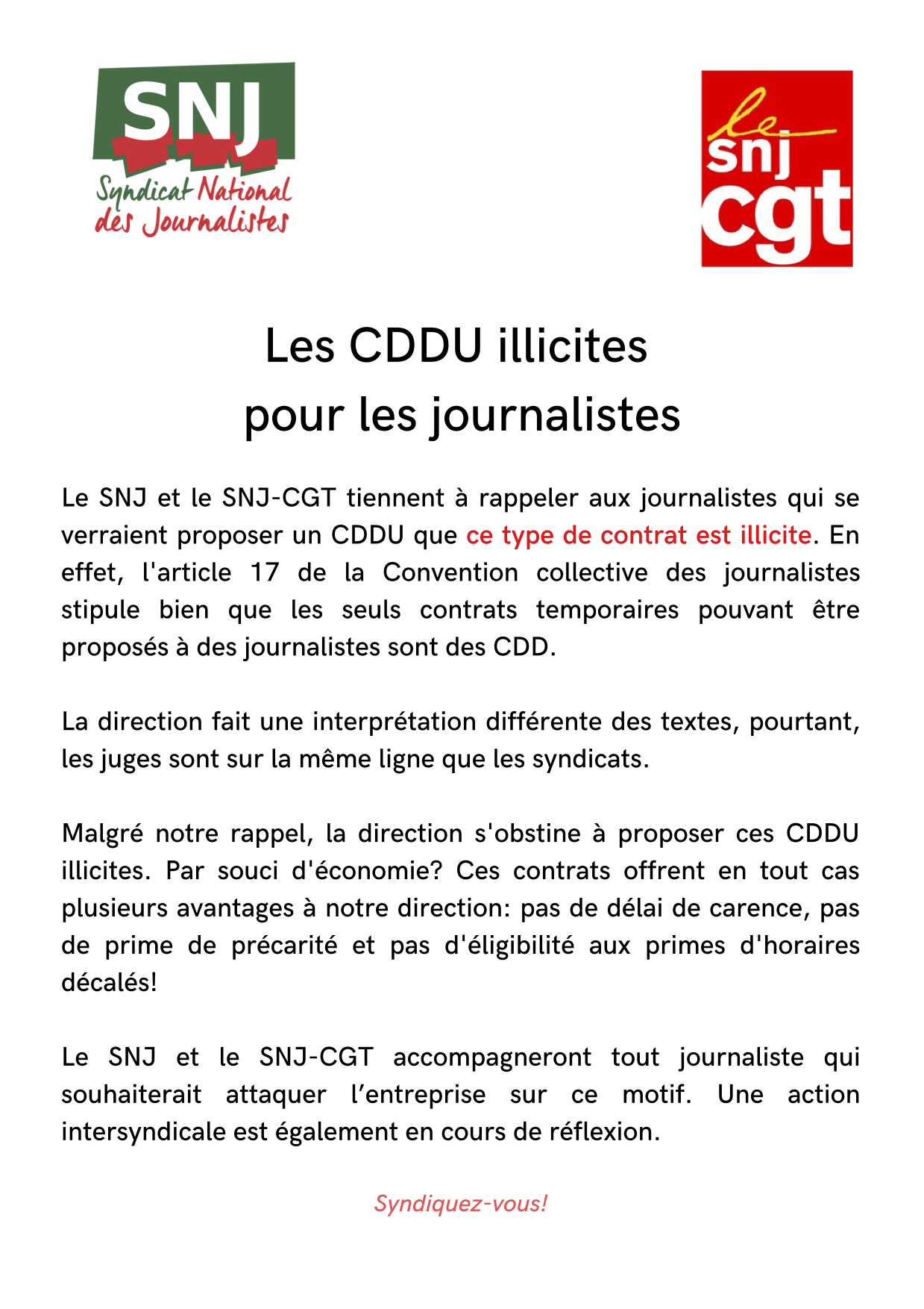 Les CDDU illicites journalistes